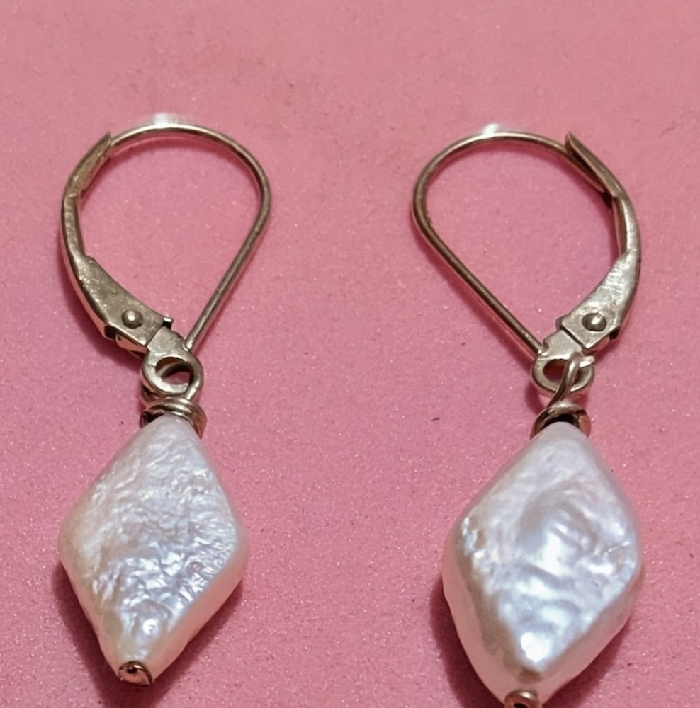 Elegant  14k Gold and White Pearl Drop Earrings